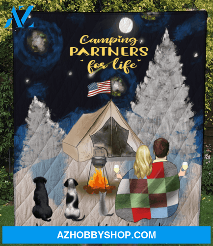 Personalized cat dog & owners camping blanket gift idea for the whole family, cat dog lovers - Couple & 3 Pets Snow Mountain Quilt