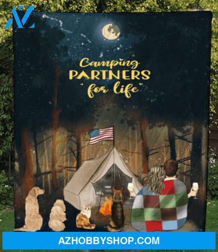 Personalized cat dog & owners camping blanket gift idea for the whole family, cat dog lovers - Couple & 4 Pets Forest Camping Quilt