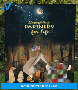 Personalized cat dog & owners camping blanket gift idea for the whole family, cat dog lovers - Couple & 4 Pets Forest Camping Quilt