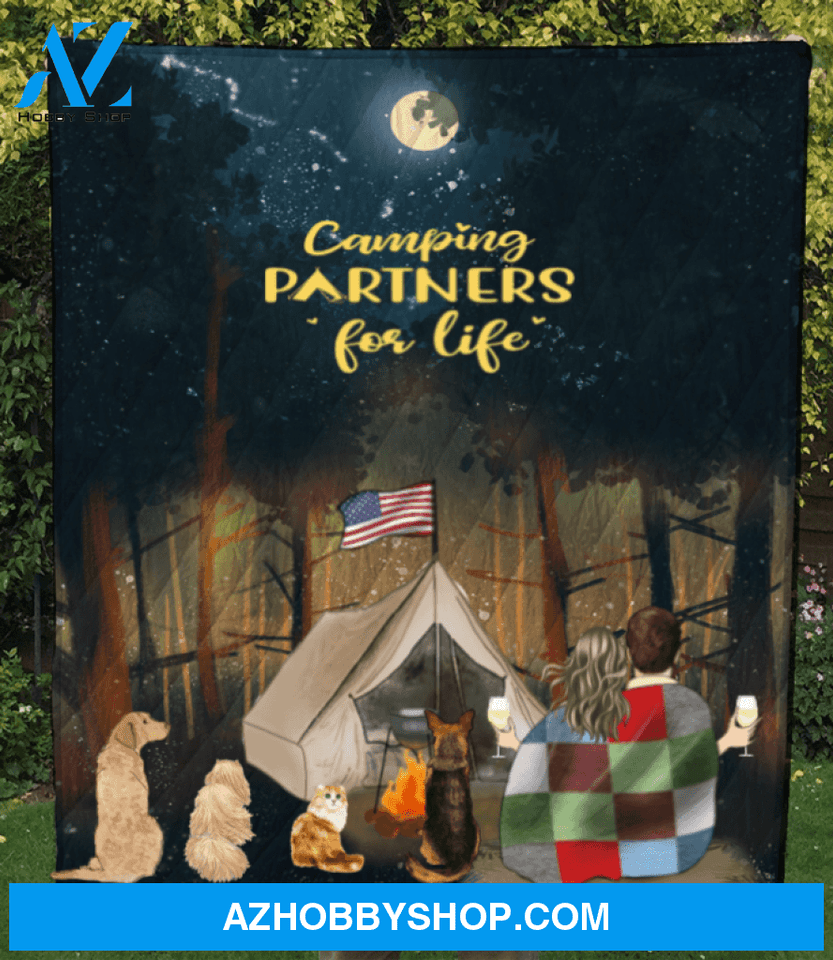 Personalized cat dog & owners camping blanket gift idea for the whole family, cat dog lovers - Couple & 4 Pets Forest Camping Quilt