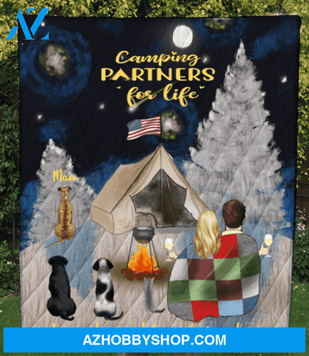 Personalized cat dog & owners camping blanket gift idea for the whole family, cat dog lovers - Couple & 4 Pets Snow Mountain Quilt