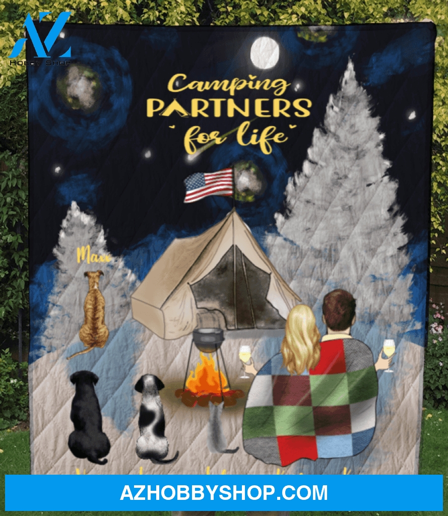 Personalized cat dog & owners camping blanket gift idea for the whole family, cat dog lovers - Couple & 4 Pets Snow Mountain Quilt