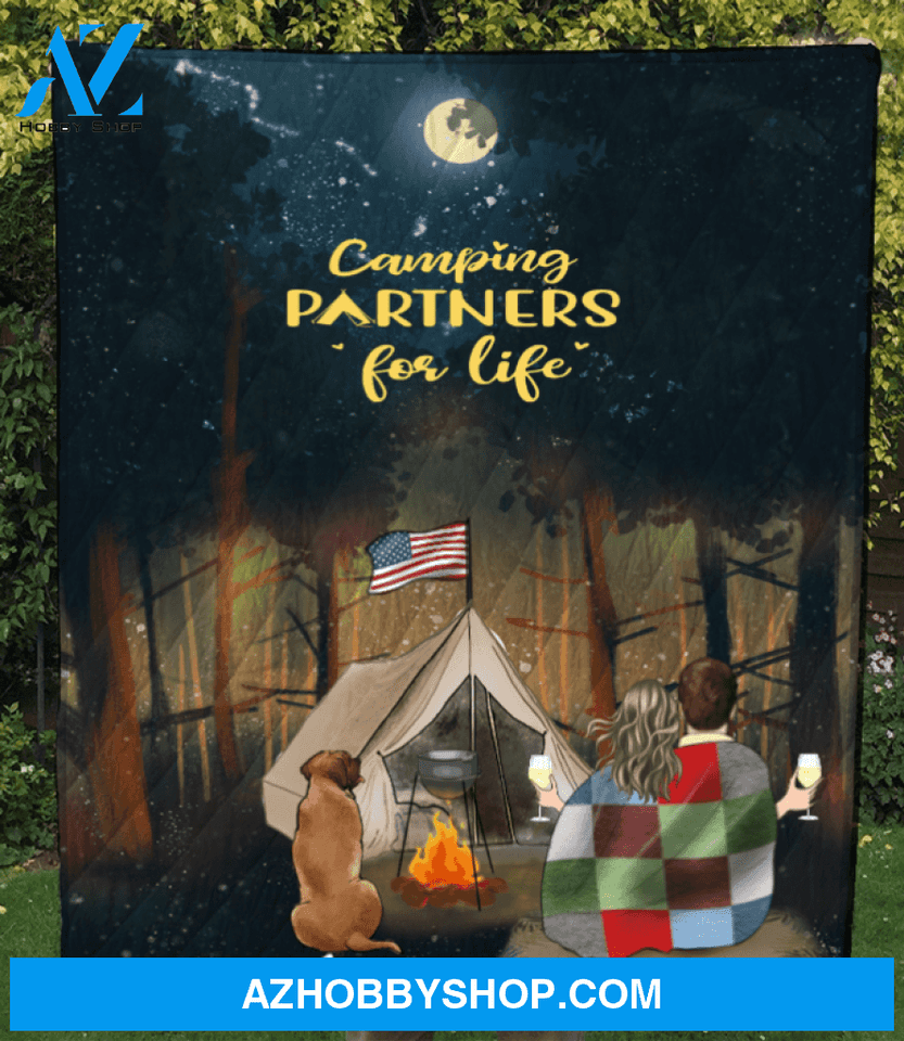 Personalized cat dog & owners camping blanket gift idea for the whole family, cat dog lovers - Couple & Pet Forest Camping Quilt