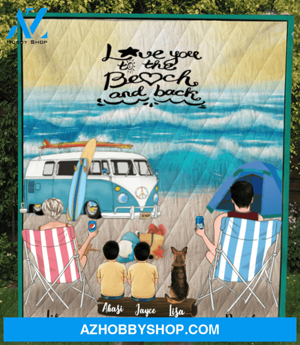 Personalized cat, dog & owners camping blanket gift idea for the whole family - Parents, 2 Kids & 1 Pet beach camping quilt