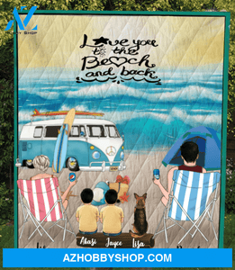 Personalized cat, dog & owners camping blanket gift idea for the whole family - Parents, 2 Kids & 1 Pet beach camping quilt