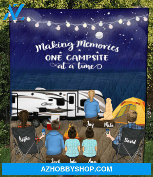 Personalized cat, dog & owners camping blanket gift idea for the whole family - Parents with 2 Teens, 2 Kids & 1 Pet night beach camping quilt blanket