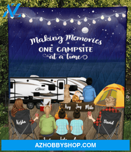 Personalized cat, dog & owners camping blanket gift idea for the whole family - Parents with 2 teens, 2 Kids & 2 Pets night beach camping quilt blanket