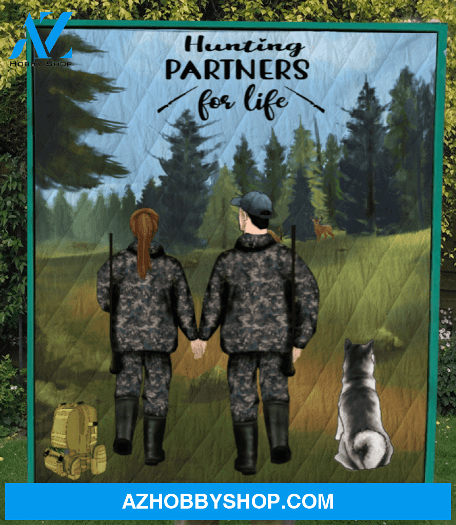 Personalized Cat, Dog & Owners Hunting Blanket, Gift Idea for the whole family, hunting lovers - Couple & 1 Pet Hunting Quilt - Hunting Partners for Life