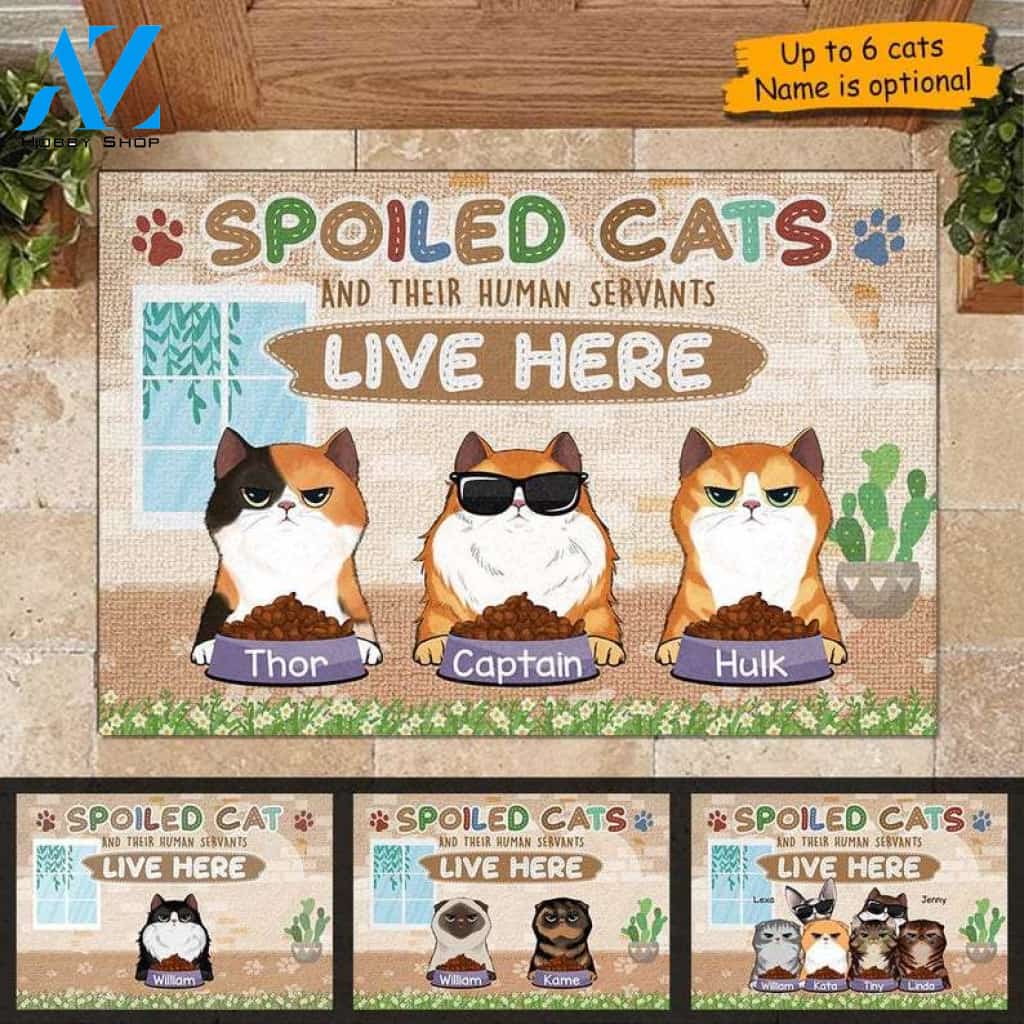 Personalized Cat Doormat , Spoiled Cats And Human Servants Lived Here Doormat , Cat Lovers Gift , New Home Gifts , Housewarming Gifts
