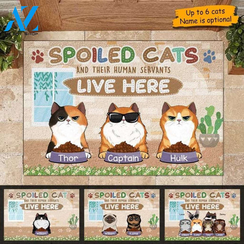 Personalized Cat Doormat , Spoiled Cats And Human Servants Lived Here Doormat , Cat Lovers Gift , New Home Gifts , Housewarming Gifts