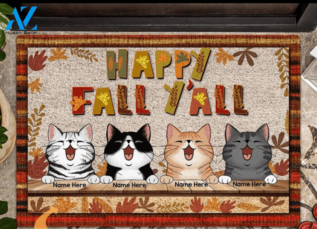 Personalized Cat Happy Fall Y'all Thanksgiving Funny Doormat Gift For Cat Lovers Home Decor Warm House Gift Welcome Mat Halloween Decor