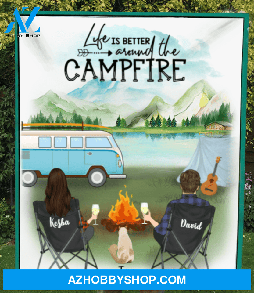Personalized Cat & Owners camping fleece blanket gift idea for the whole family, Cat lovers - Couple & 1 Cat Camping
