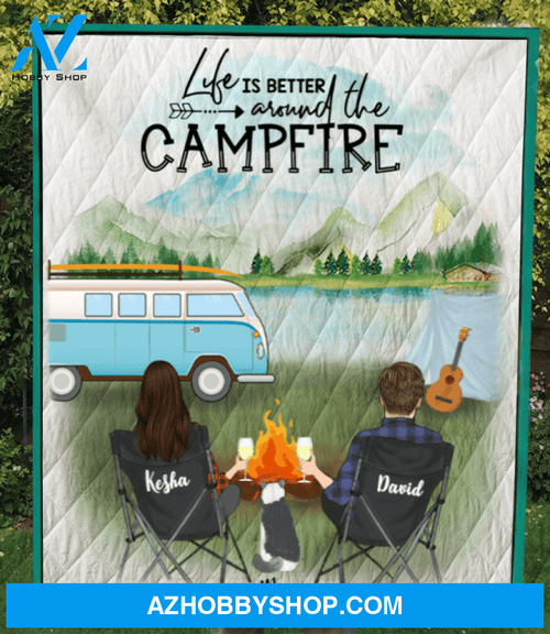 Personalized cat & owners camping blanket gift idea for the whole family, cat lovers - Couple & 1 Cat camping quilt blanket