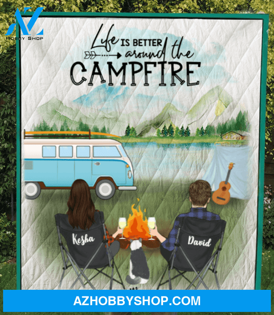 Personalized cat & owners camping blanket gift idea for the whole family, cat lovers - Couple & 1 Cat camping quilt blanket