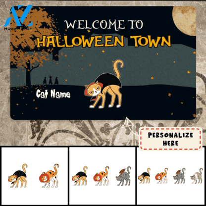 Personalized Cat Welcome To Halloween Town Doormat, Custom Up To 5 Cats