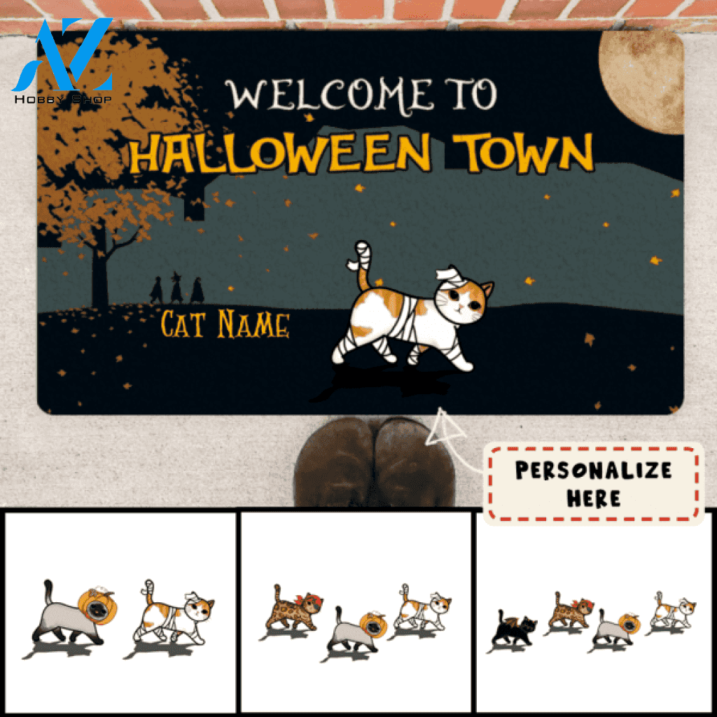 Personalized Cat Welcome To Halloween Town Doormat, Custom Up To 4 Cats