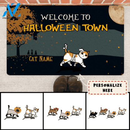 Personalized Cat Welcome To Halloween Town Doormat, Custom Up To 4 Cats