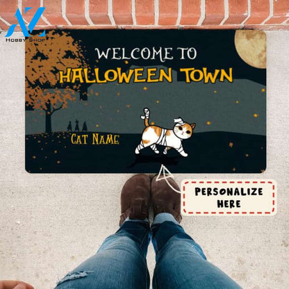 Personalized Cat Welcome To Halloween Town Doormat, Custom Up To 4 Cats