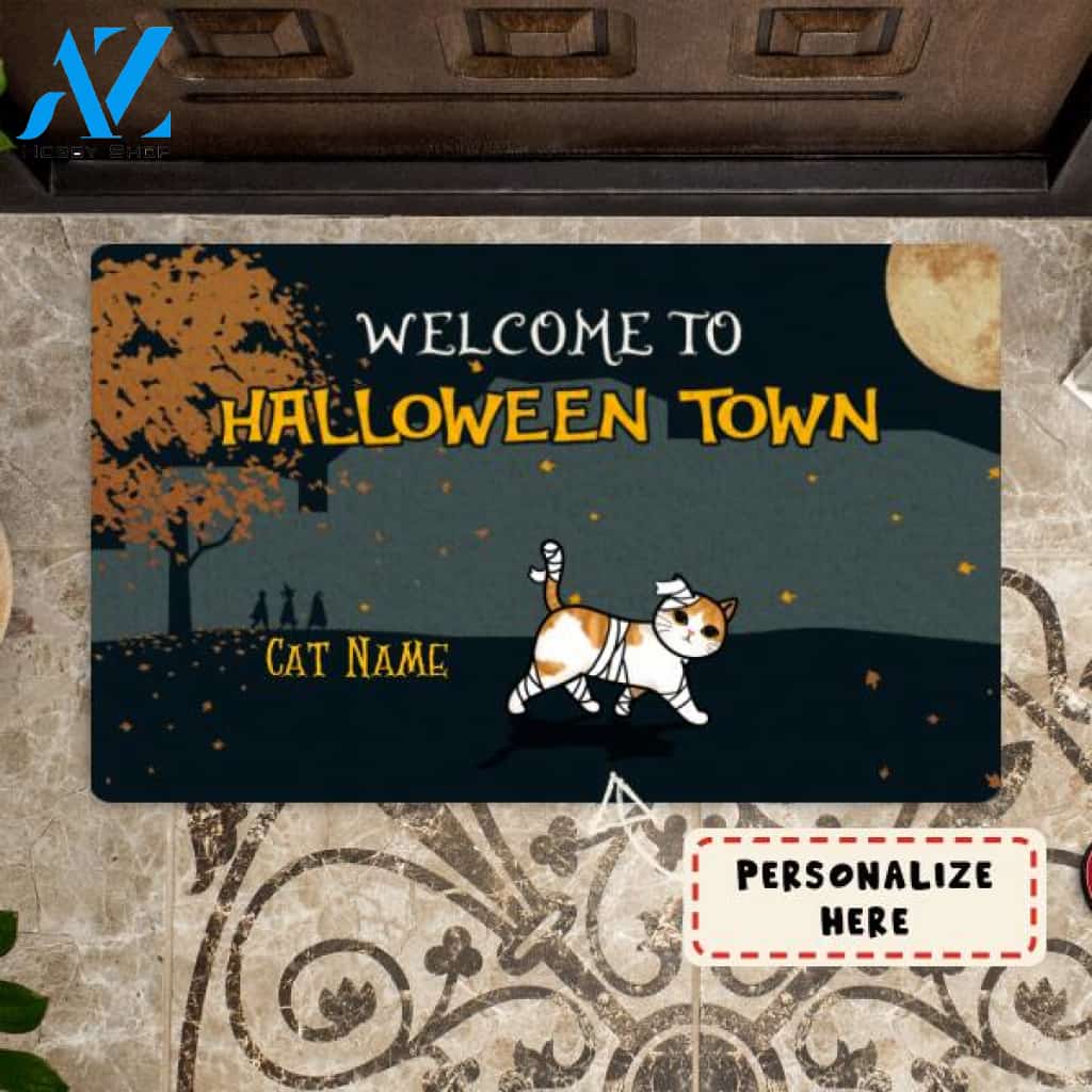 Personalized Cat Welcome To Halloween Town Doormat, Custom Up To 4 Cats