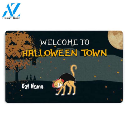 Personalized Cat Welcome To Halloween Town Doormat, Custom Up To 5 Cats