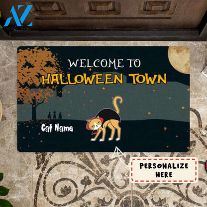 Personalized Cat Welcome To Halloween Town Doormat, Custom Up To 5 Cats