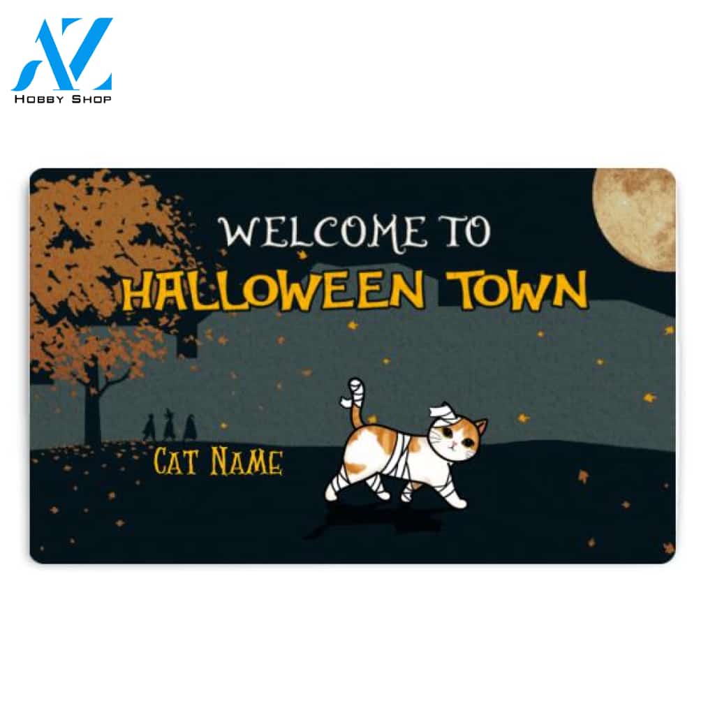 Personalized Cat Welcome To Halloween Town Doormat, Custom Up To 4 Cats