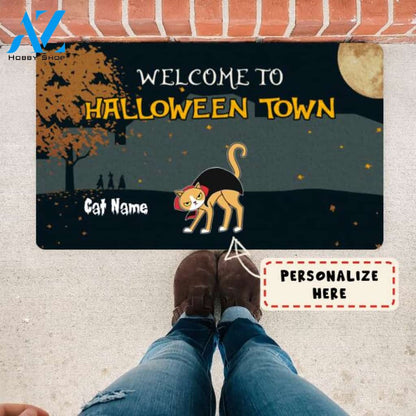 Personalized Cat Welcome To Halloween Town Doormat, Custom Up To 5 Cats