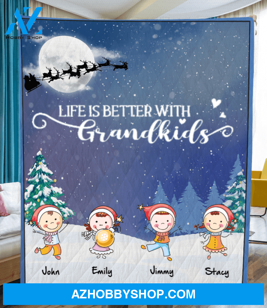 Personalized Christmas Blanket Gift idea for Grandma - 4 Kids - Life is better with Grandkids