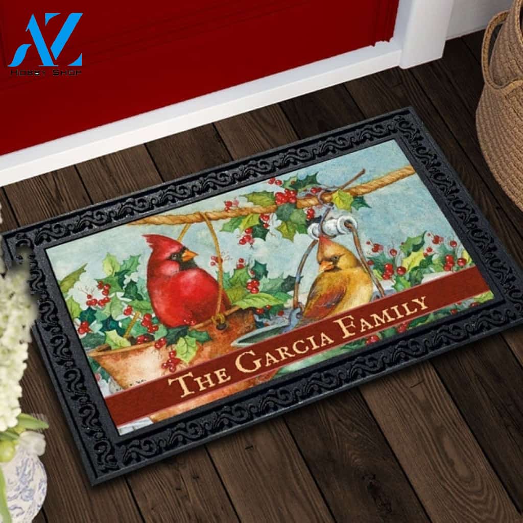 Personalized Christmas Bucket Cardinals Doormat - 18" x 30"