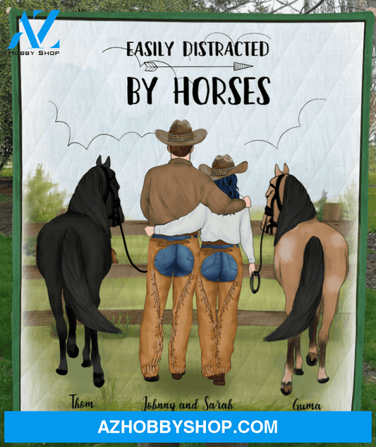 Personalized Couple Blanket, Best Gift For Couple, Horse Lovers - Cowboy Couple And 2 Horses - Easily Distracted By Horses