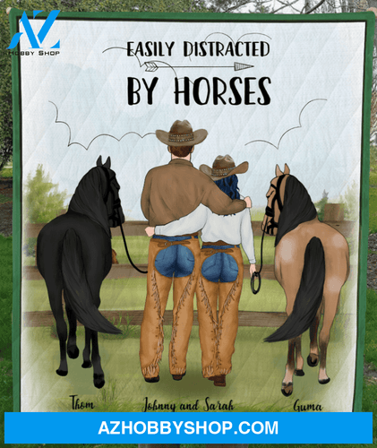 Personalized Couple Blanket, Best Gift For Couple, Horse Lovers - Cowboy Couple And 2 Horses - Easily Distracted By Horses