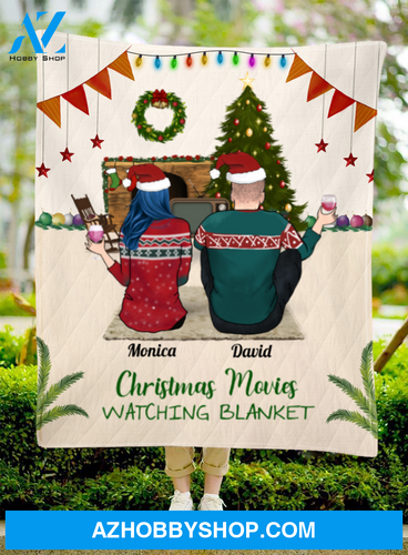 Personalized Couple Christmas Gifts For The Whole Family Quilt Blanket - Personalized Christmas Blanket - Husband And Wife With Dogs Cats, Christmas movies watching blanket