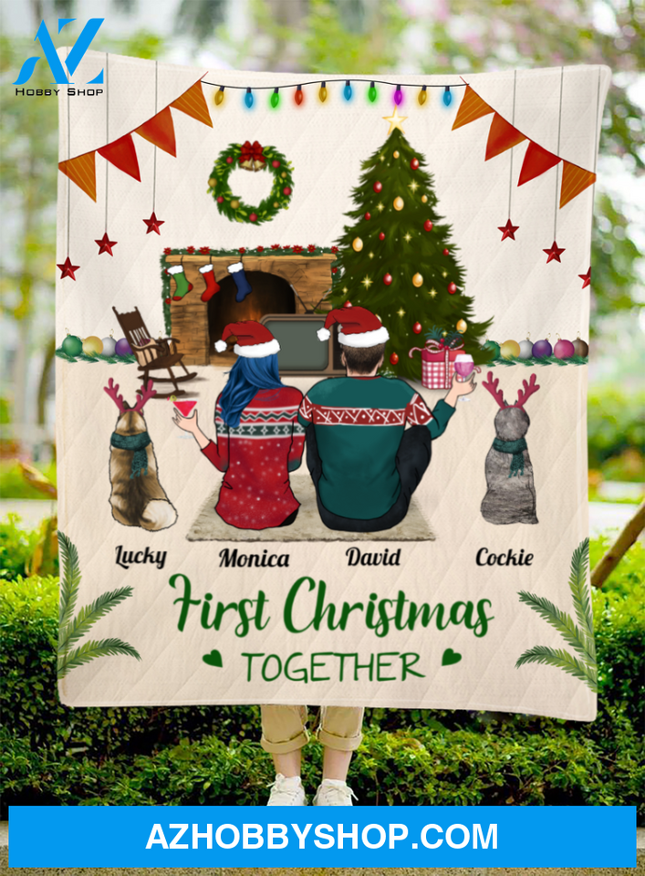Personalized Couple Christmas Gifts For The Whole Family Quilt Blanket - Personalized Christmas Blanket - Husband Wife 2 Dogs Or Cats, First Christmas Together