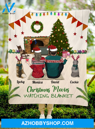 Personalized Couple Christmas Gifts For The Whole Family Quilt Blanket - Husband And Wife With Dogs Cats, Christmas movies watching blanket, First Christmas Together