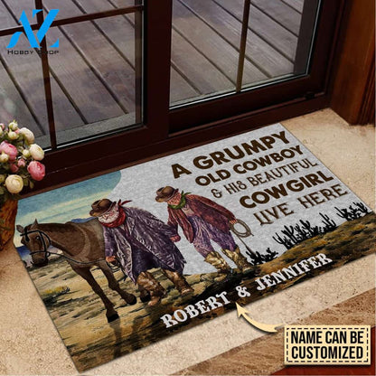 Personalized Cowboy And Cowgirl Live Here Customized Doormat
