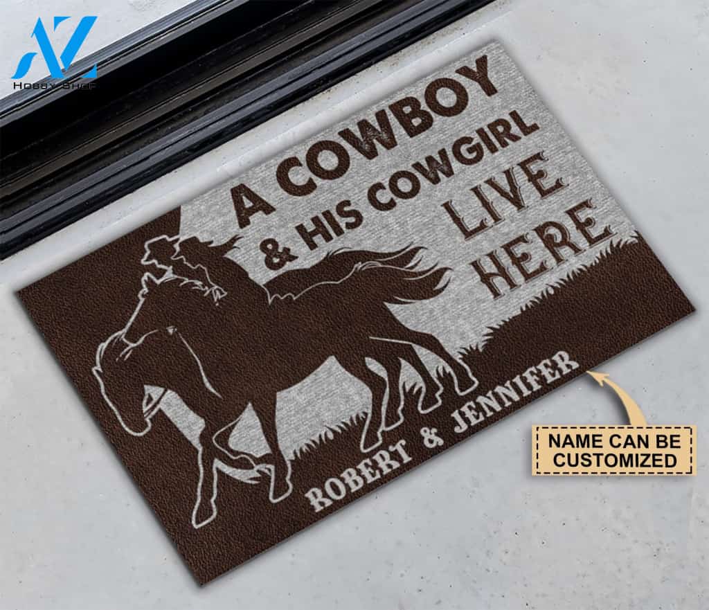 Personalized Cowboy And Cowgirl Live Here Doormat