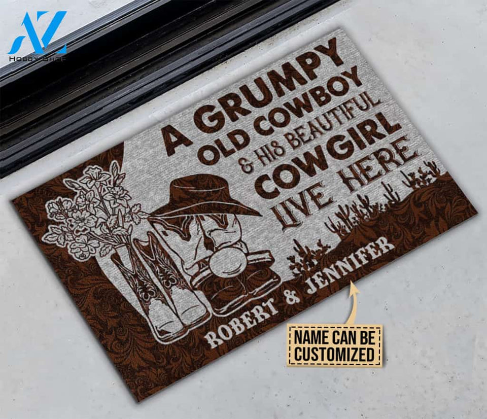 Personalized Cowboy And Cowgirl Live Here Leather Customized Doormat | WELCOME MAT | HOUSE WARMING GIFT
