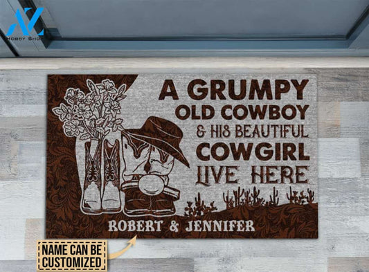Personalized Cowboy And Cowgirl Live Here Leather Customized Doormat | WELCOME MAT | HOUSE WARMING GIFT