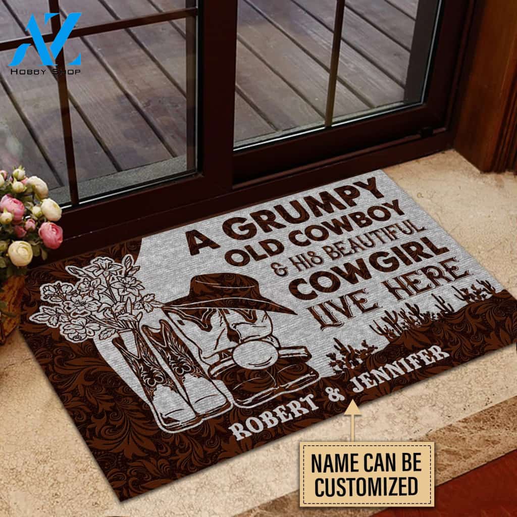 Personalized Cowboy And Cowgirl Live Here Leather Customized Doormat | WELCOME MAT | HOUSE WARMING GIFT