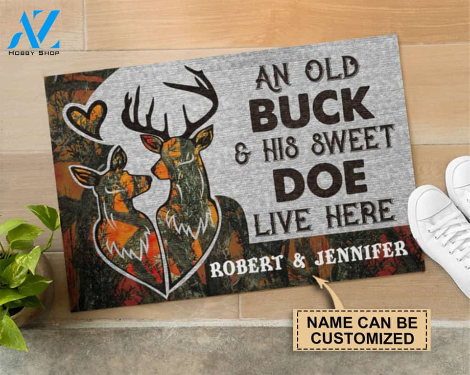 Personalized Deer Couple Orange Camo Old Buck Doormat