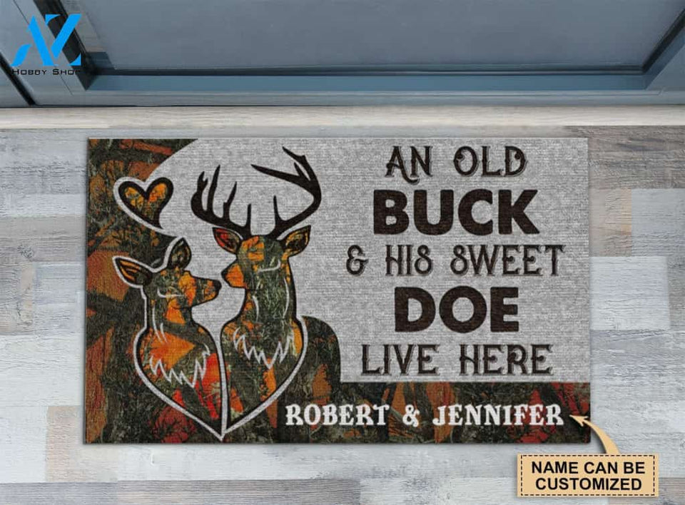 Personalized Deer Couple Orange Camo Old Buck Doormat