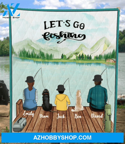 Personalized Dog & Owners Blanket, gift for the dad/single dad - Dad with 1 kid & 2 dogs fishing quilt blanket V5 - Let’s go fishing