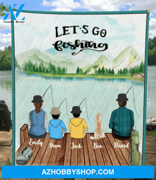Personalized Dog & Owners Blanket, gift for the dad/single dad - Dad with 1 kid & 2 dogs fishing quilt blanket - Let’s go fishing