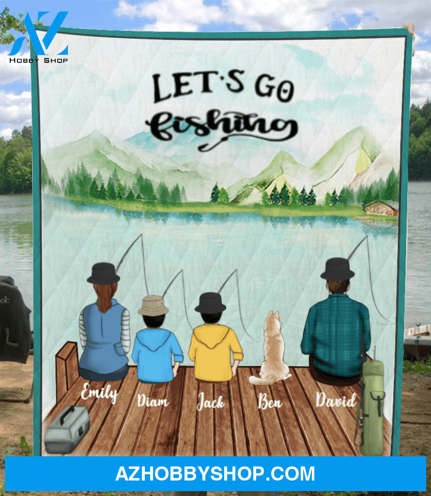 Personalized Dog & Owners Blanket, gift for the dad/single dad - Dad with 1 kid & 2 dogs fishing quilt blanket - Let’s go fishing