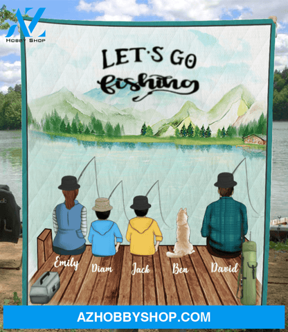Personalized Dog & Owners Blanket, gift for the dad/single dad - Dad with 1 kid & 2 dogs fishing quilt blanket - Let’s go fishing