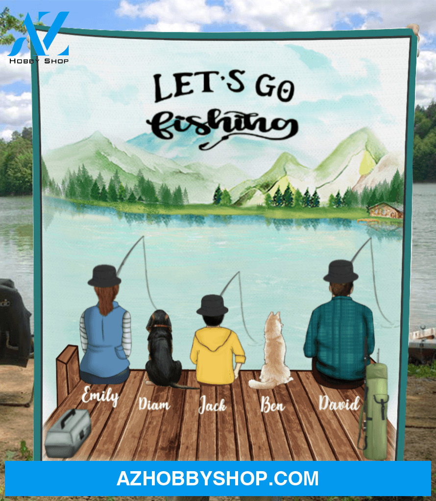 Personalized Dog & Owners Blanket, gift for the dad/single dad - Dad with 1 kid & 2 dogs fishing fleece blanket - Let’s go fishing