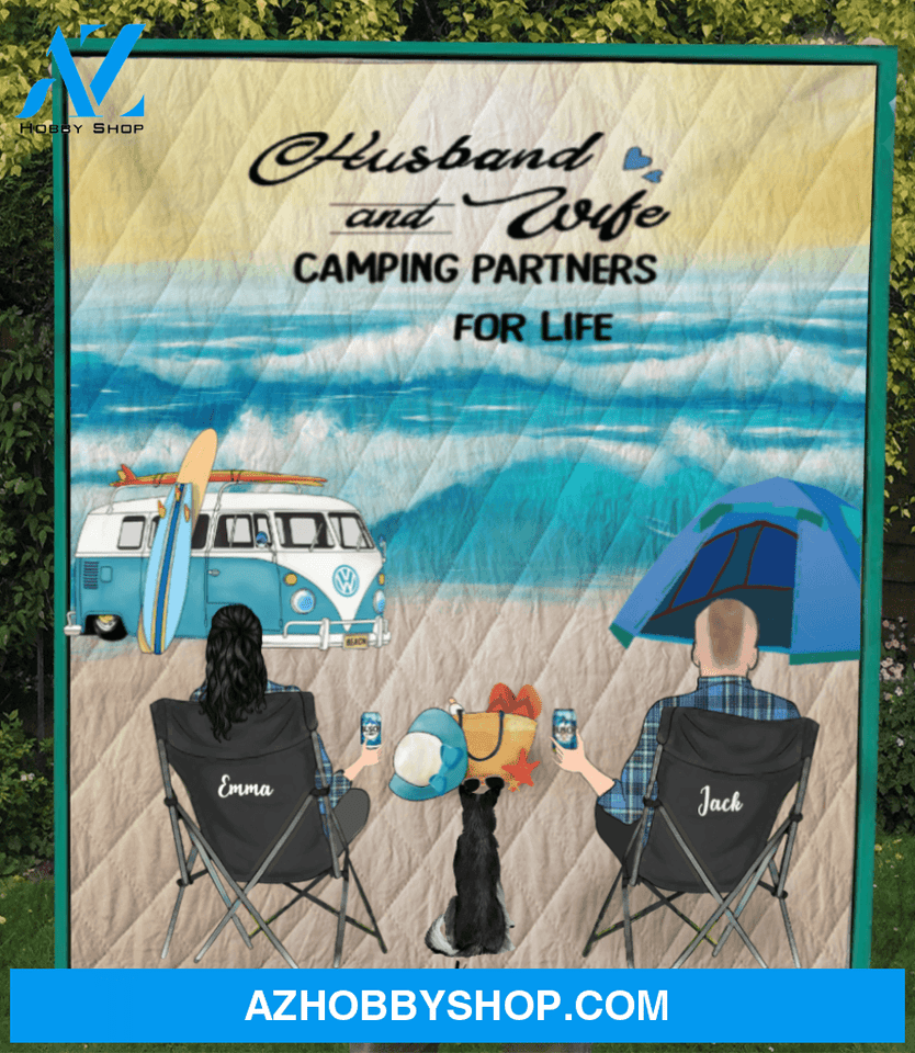 Personalized dog & owners camping blanket, best gift for couple, dog lovers - Couple & 1 Dog beach camping quilt - Husband and wife camping partners for life