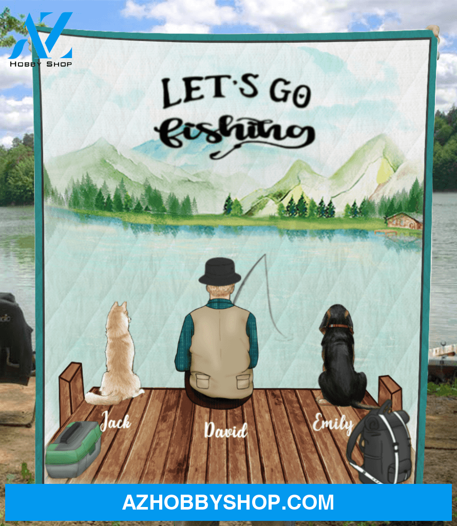Personalized Dog & Owners Fishing Blanket - Personalized gift for the dog dad/dad - Dad & 2 Dogs Fishing Quilt Blanket - Let’s go fishing