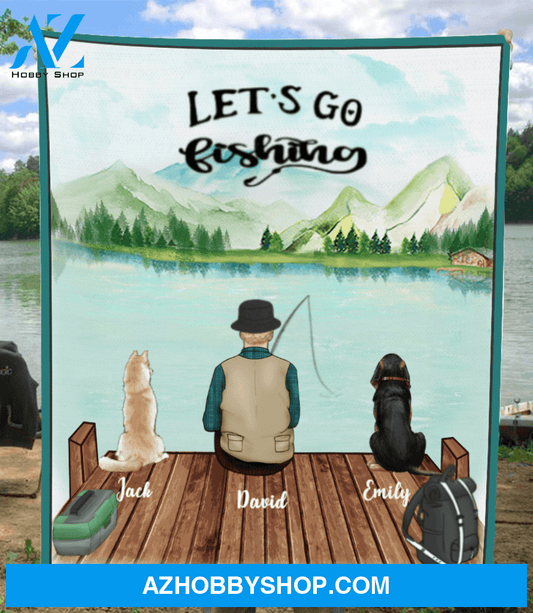 Personalized dog & owners fishing blanket, gift for dog dad, fishing lovers - Dad & 2 Dogs Fleece Blanket - Let’s go fishing