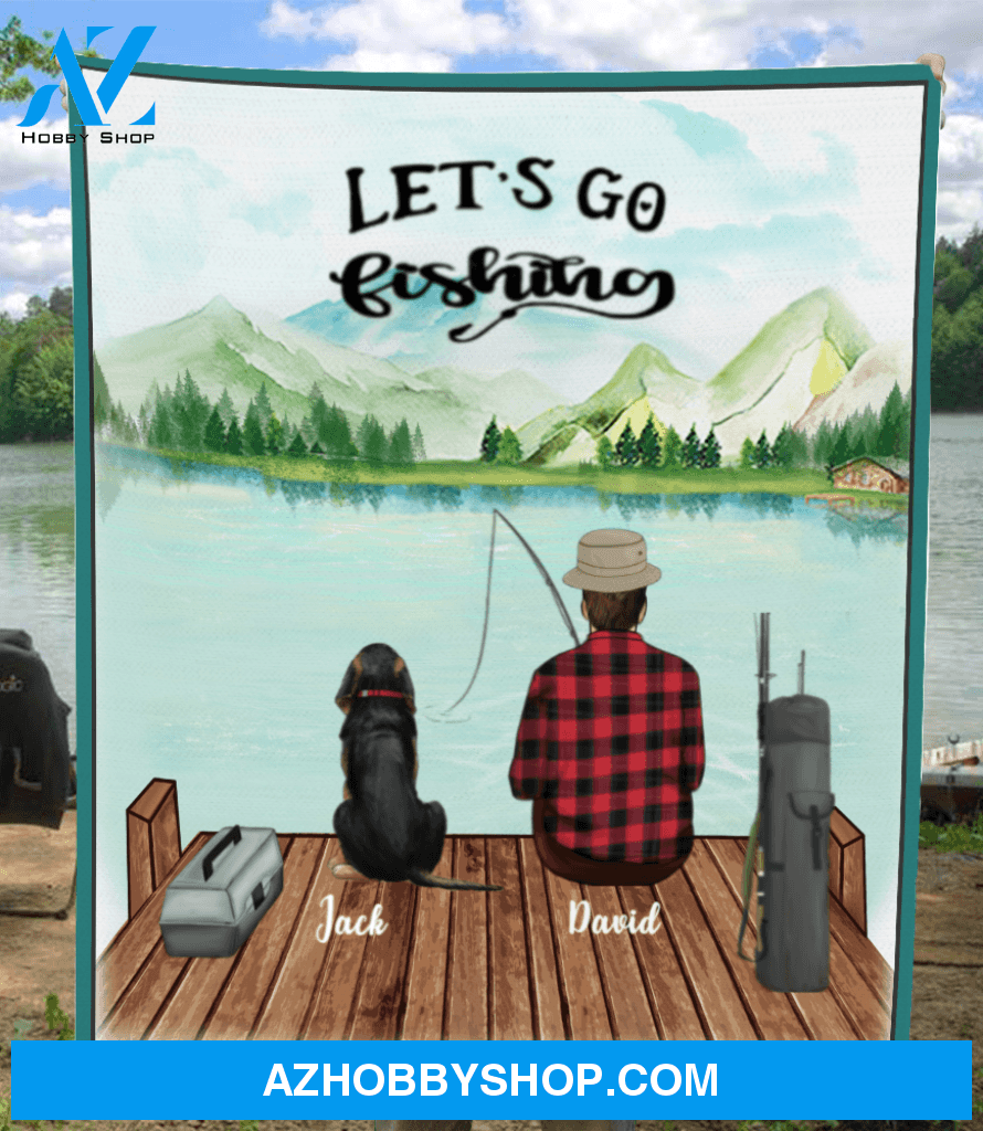 Personalized dog & owners fishing blanket, gift for dog dad, fishing lovers - Dad & 1 Dog Fleece Blanket - Let’s go fishing